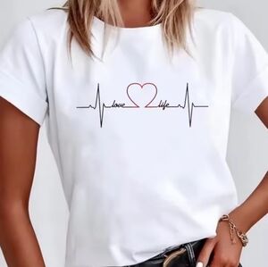 EUC Adorable Love Life Size Small White Heartbeat Cotton Tshirt!!